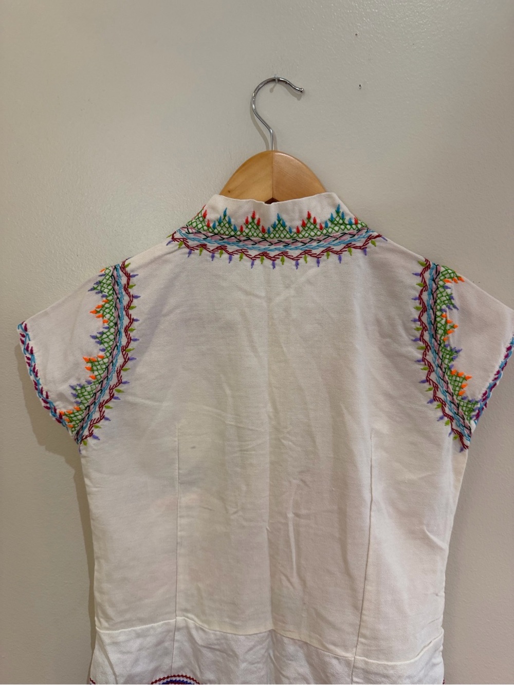Hand-Embroidered White Boho Fringe Tunic Dress with Colorful Stitching small - Picture 9 of 15